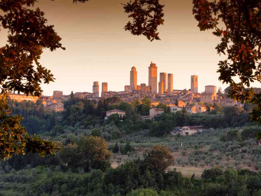 hot air balloon over san gimignano